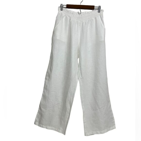 Johnny Was White Linen Pants Paper Bag Waist Wide Leg Size 14